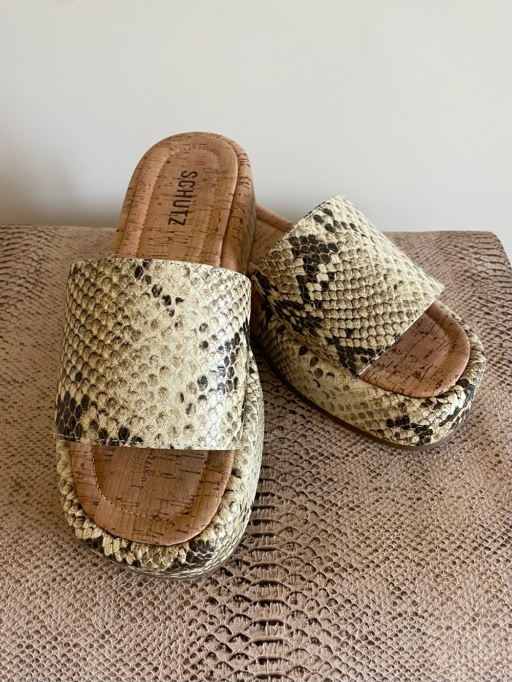 Schutz Beige Embossed Snake Slide Sandals